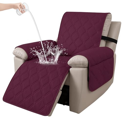 Ystyle Sesselschoner für Fernsehsessel, 100% Wasserdicht 1 Sitzer Sesselschoner mit Taschen Armlehne, rutschfest Sesselauflage Relaxsessel Anti-Rutsch Waschmaschinenfest, Burgunderrot