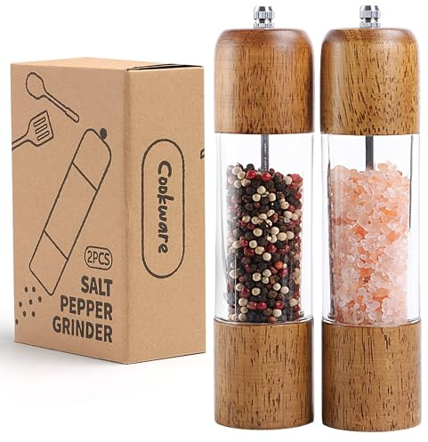Wooden Salt and Pepper Grinder Set with Acrylic Window - Adjustable Ceramic Grinding Mechanism, Refillable Kitchen Seasoning Shakers (2 PCS)