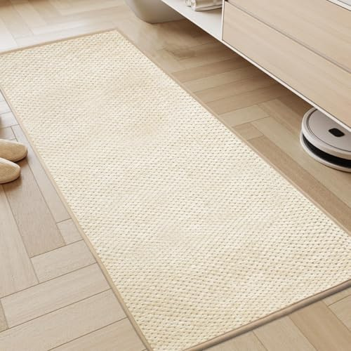 KMVIZI Tapis Cuisine 45x120cm, Chenille Tapis Cuisine Devant Evier, Antidérapant et Lavable, Facile à Nettoyer pour Couloir, Buanderie, Salle de Bains, Passage, Beige