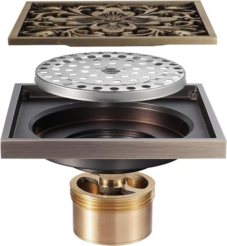 DFGHNBVC Siphon De Sol, Filtre pour Receveur De Douche De Salle De Bain, 1 Pièce, en Laiton Antique, avec Couvercle De Grille Amovible À Fleurs, Piège À Cheveux Inclus