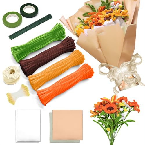 IJIAMY 400 Stück Pfeifenreiniger Blumen Set, Pfeifenputzer Blumen Zum Basteln, Mit Grüne Blumenstöcke, Klebebandrollen, Klebestifte (Gelb)