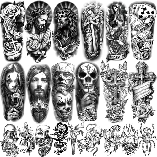77 fogli Christian Chicano Temporary Tattoos Adult Men Women Jesus Christ Religious Cholo Lowrider Fake Tattoos Stickers Half Arm Sleeve Temp Tattoos for Adult Kids