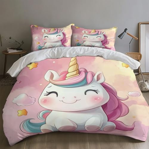 SKOEUI Bettwäsche 155x220 cm 3Teilig Verlaufmähne Einhorn Bettwäsche-Sets Bügelfrei Microfaser Bettbezug mit Reißverschluss Allergiker Bettdeckenbezug mit 2 mal Kissenbezug 80x80 cm Lavendel