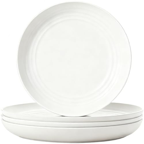 Platos de plástico reutilizables juego de 4 platos llanos irrompibles de 23 cm, platos ligeros de camping para picnic, ensalada, pasta, fiesta, hogar, oficina, lavavajillas y microondas (blanco)