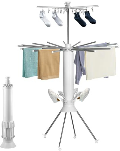 JIANFA 3-Tier Clothes Drying Rack, Foldable Clothes Airer with Wheels, Clothes Horse Laundry Stand Racks with 16 Arms for Hangers, Portable for Indoor Outdoor Use