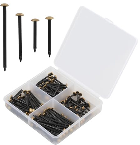 Juego de 120 clavos para cuadros (20/25/30/40 mm), clavos de acero para cuadros, clavos de acero para hormigón y madera, clavos de pared para cuadros sin taladrar, inoxidable con cabeza dorada, caja