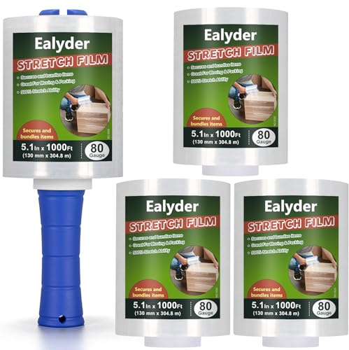 Ealyder Tape Pack 4 Rollos Film Transparente Elástico 130mm x 304m, Incluye 1 Mango Adicional, Alta Elasticidad y Resistencia para Paletizar, Embalaje, Mudanzas y Envoltura Segura