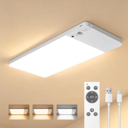 LED Deckenleuchte mit Bewegungsmelde Akku Lampe Innen, 12000mAh batterie | LED Deckenlampe mit Fernbedienung, Licht mit Bewegungsmelder 3 Farbtemperaturen leuchte für Keller, Garage, Treppe, Küche