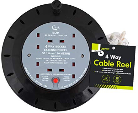 Benross 48270 10m Cable Reel Extension Lead / 4-Way Extension Cable/Ideal for Home, Office or Commercial/Safety Cut-Off Switch / 4 UK Plug Sockets / 240V AC, 10 Amps