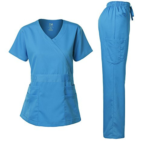 Dagacci Medical Uniform Women's Scrubs Set Stretch Ultra Soft Y-Neck Wrap Top and Pants Turquoise S
