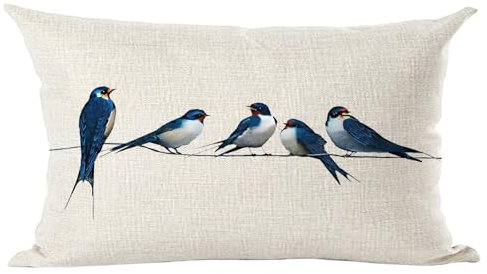 ramirar Ink Painting Watercolor Blue Lovely Birds Animal Lover Decorative Lumbar Throw Pillow Cover Case Cushion Home Living Room Bed Sofa Car Cotton Linen Rectangular 12 x 20 Inches