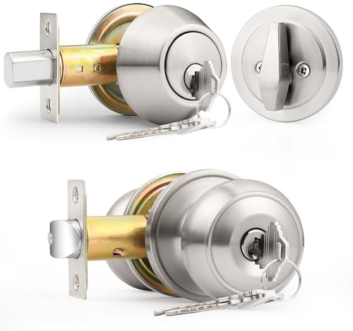 Probrico 1 Pack Entry Door Knob Set with Single Cylinder Deadbolt Combo Set, Keyed Alike Brushed Nickel Door Knobs with Lock and Keys for Entrance Front Door
