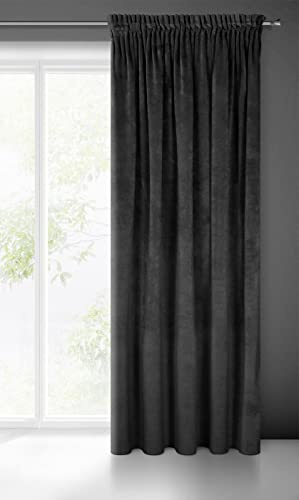 Eurofirany Villa Vorhang Samt Velvet Weich Kräuselband-1 STK. Edel Gardine Dick 290 g/m2 Elegant Glatt Einfarbig Flauschig Modern Klassisch Wohnzimmer Schlafzimmer Lounge, Schwarz, 140x270cm