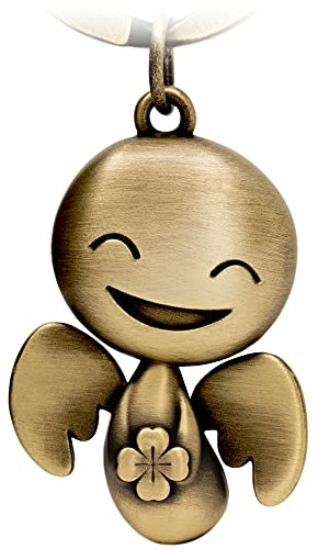FABACH Porte-clés ange gardien Happy avec trèfle - Ange porte-bonheur en métal - Ange gardien de voiture porte-bonheur pour beaucoup de succès - Cadeau porte-bonheur, Bronze, Einheitsgröße