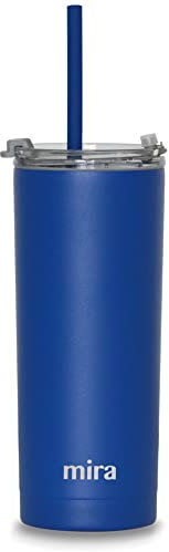 MIRA Modern Tumbler with Straw and Flip Lid, 20 oz (600 ml) Simple Stainless Steel Double Wall Vacuum Insulated Iced Coffee Flask Tea Travel Mug Thermo Cup Water Bottle, Space Blue