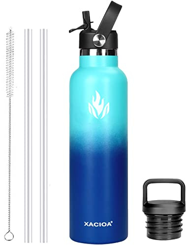 XACIOA Borraccia in acciaio inox con cannuccia per bevande calde/fredde 500/750/1000/ml, bottiglia d'acqua isolata sottovuoto, senza BPA, con 2 coperchio di ricambio e spazzola per cannuccia