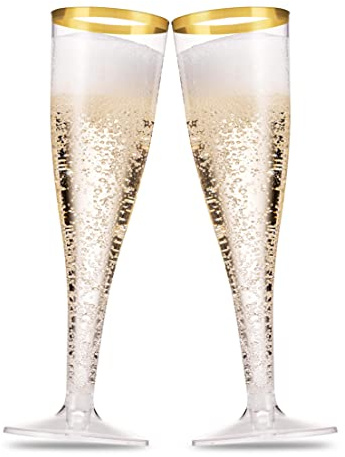 Munfix 50 Pack Gold Rimmed Plastic Champagne Flutes 5 Oz Clear Plastic Toasting Glasses Fancy Disposable Wedding Party Cocktail Cups with Gold Rim