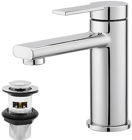 Bathroom Sink Taps with Drain, BATHWEST Chrome Brass Basin Mixer Tap with Pop Up Waste, Monobloc Single Handle Bathroom Taps with Waste 762CR