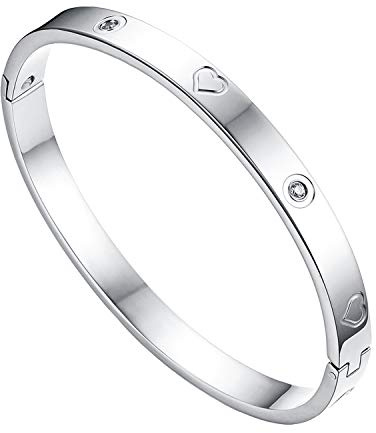JewelryWe Schmuck Damen Armreif Edelstahl Zirkonia einfache Stil Liebe Armband 6mm breit mit Schließe Armspange Gravur