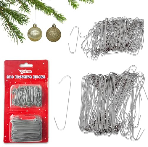SRV Hub 200Pcs Silver Hanging Hooks for Christmas Decorations, Tree Baubles Metal Hooks for Christmas Tree Home Kitchen Party Decorations, Assorted Sizes