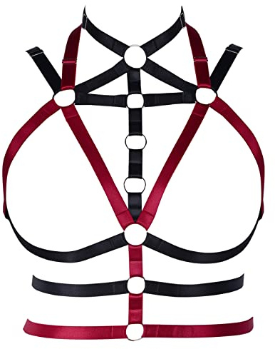 PETMHS Punk Hüftgurt Harness BH Straps Elastic Brust Body Harness für Damen Brustkäfig Taille Harness BH aushöhlen Körper Gothic Charm Tops Gürtel Rave Kleidung (Rotwein)