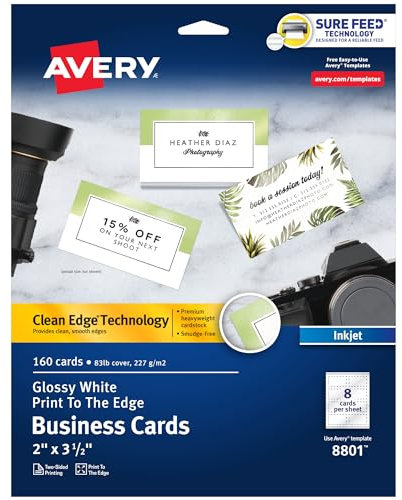 Avery Glänzende Visitenkarten mit Sure Feed Technologie, 5,1 x 8,9 cm, Weiß glänzend, 160 insgesamt, saubere Kante, bedruckbar, Inkjet bedruckbare Karten (8801)