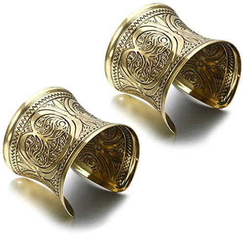 SONNYX 2 PCS Cuff Bracelets for Women Vintage Ethnic Wide Open Chunky Gold Silver Wrist Cuff Warp Bracelets for Cosplay or Belly Dance(SG)