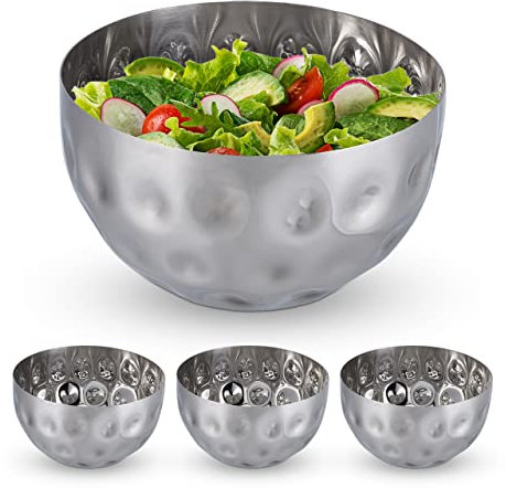 Relaxdays 4 x Servierschüssel rund, gehämmertes Design, HxD: 8,5 x 15 cm, Edelstahl, Snacks & Salate, Dekoschale für Küche, silber