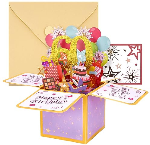 Geburtstagskarte,3D Pop Up Karte Geburtstag Pop Up Grußkarten Glückwünsche Geburtstagskarten mit Umschlag für Mama Frauen Männer Romantik Geschenk-Karte zum 60.Geburtstag (60th)