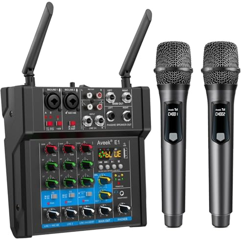 Aveek Mezclador de audio con amplificador alimentado de 150W x2, de 4 canales con consola de placa de sonido inalámbrica dual, MP3, USB digital, Bluetooth, entrada de computadora, alimentación phantom