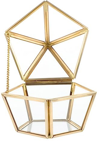 PACKOVE Vintage Metal and Glass Jewelry Box Pentagonal Lid Diy Wedding Ring Container Display Case 11x11x10cm for Earrings Storage and Home Decor