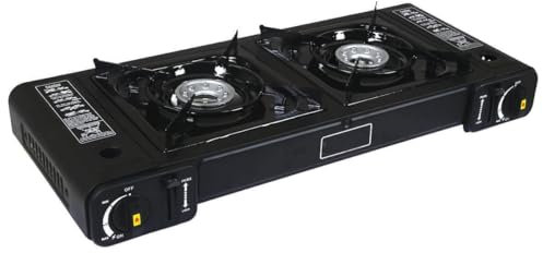 Portable Double Gas Cooker Stove - For Outdoor Camping, Hiking, Fishing, Skiing Trips, Caravan & BBQ, Party | Premium Burner, Automatic Ignition & Heater Control, EN417 Compliant - Black Grill