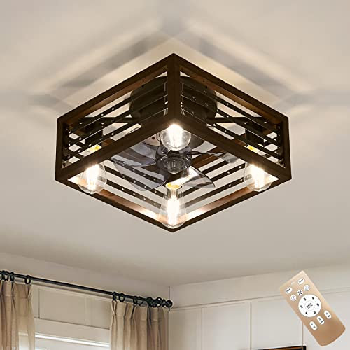 WgGUIF Square Retro Industrial Ceiling Fans with Lights and Remote Silent Dc Reversible Vintage Caged Ceiling Fan with Lamp E14×4 Reversible Timer Small Ceiling Fan Pendant Lamp for Bedroom