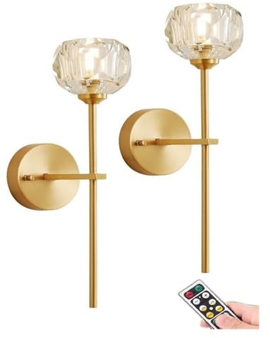 Wall Lamp Modern Gold Crystal Wall Sconces Battery Operated Set Of 2,Non Hardwired Remote Wall Lights,USB Rechargeable Wall Lighting Fixture Clear Glass Wall Lamp For Bedroom Bedside Bathroom Vanity L