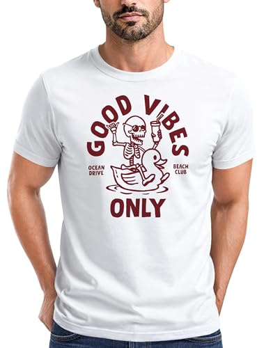 Neverless® Herren T-Shirt Printshirt Spruch Good Vibes Only Skelett-Motiv Sommer Frontprint Fashion Streetstyle Weiss L