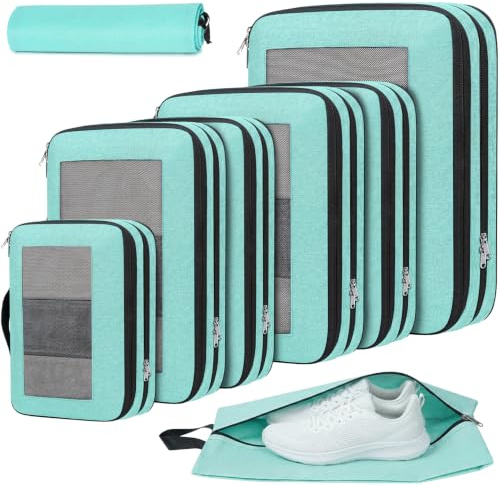 Prezon 8 Set cubi compressivi, design aperto e visibile, organizer per bagagli a mano. Include sacca biancheria e scarpe. Ideale regalo da viaggio, Menta