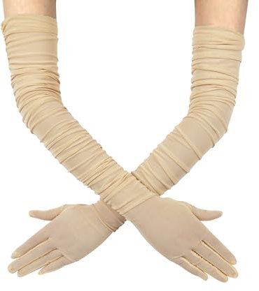 QRBTSCL Dehnbare, super lange Tüllhandschuhe für Damen, gerüschtes Netzgewebe, durchscheinende Handschuhe für Abendveranstaltungen, Hallowmas oder Opernpartys, Champagner, Einheitsgröße
