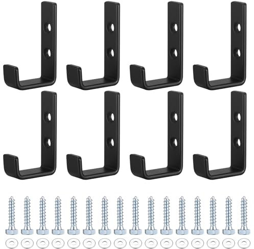 Qeapug 8 Pcs Heavy Duty Wall Mounted J Shape Hooks - Black, Garage, Truck, Home Equipment Organizer