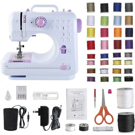 JUCVNB Mini-Nähmaschine für Anfänger und Kinder im Alter von 8-12 Jahren, tragbare Nähmaschinen mit 12 integrierten Stichmustern, leicht, 2-Gang-Fußpedal, Lila & Weiß (mit 27-teiligem Nähset)