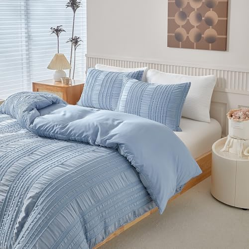 YASMENG Seersucker Bettwäsche 135x200 Blau Gestreift Getuftet Sommer | Seersucker Bettwäsche Boho Weich Atmungsaktiv Mikrofaser Bettbezug Set 2teilig mit Reißverschluss und 80x80 cm Kissenbezug