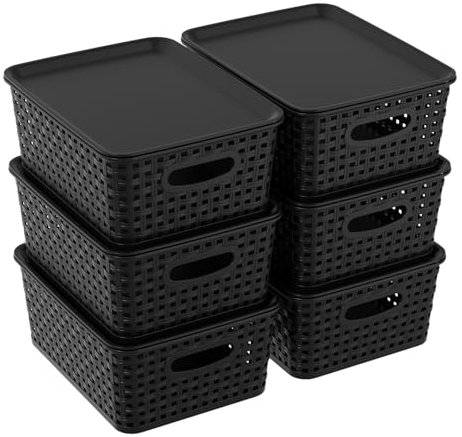 Haodehen Set of 6 Plastic Storage Baskets with Lid, Stackable Box for Cupboard, Office, Kitchen, Bathroom Organiser, Black