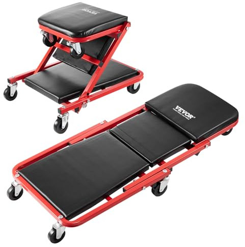 VEVOR Chariot de Visite Pliable en Z, Tabouret d’Atelier 91,4 cm Charge 136 kg, Tabouret de Mécanicien avec 6 Roues, Plateau à Outils et Siège Rembourré, s’Allonger ou s'Asseoir, pour Garage Atelier