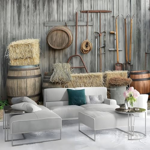 Papier Peint Gris Mural 3D, Scène rurale avec balles de foin Murale Intissé Tableaux Muraux Trompe l'oeil pour Salle de bain Salon Chambre Décoration 300 x 210 cm Murale Moderne