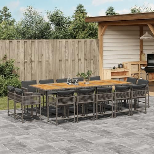 Homgoday Set da pranzo da giardino con cuscini da 15 pezzi in rattan sintetico grigio, sedia tavolo cucina esterno terrazza patio balcone mobili