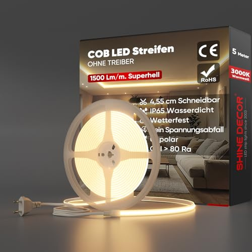 Shine Decor Bande lumineuse LED COB 230V, Ruban LED étanche IP65, 286 leds/m Ultra Haute Luminosité Bande LED Certifié CE pour Décoration Maison Cuisine Jardin Eclairage LED (Blanc Chaud,5m)