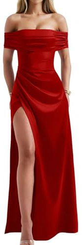 Memoriesea Women's Elegant Off Shoulder High Split Bodycon Evening Wedding Maxi Dress Red