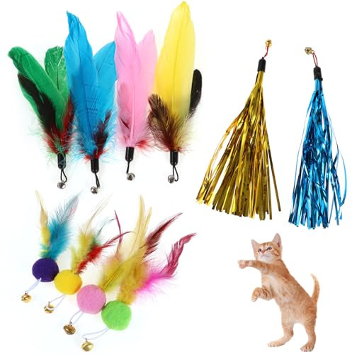 OOTSR 10 Stück Katzenspielzeug Interaktiv Katzenspielzeug Ersatzfedern Feder Teaser Katzen Spielzeug mit Glocken Nachfüllpackungen für Innenkatzen Kätzchen Katzenangel