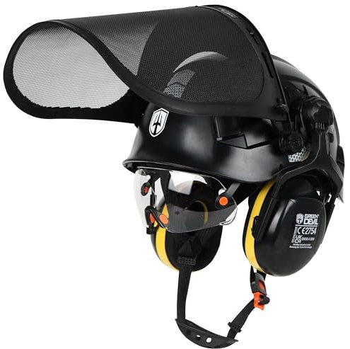GREEN DEVIL Casque de protection pour tronçonneuse - Certifié EN397 - Système 5 en 1 avec protection du visage en maille - Visière et cache-oreilles intégrés - Ventilé - Pour le travail du bois et le