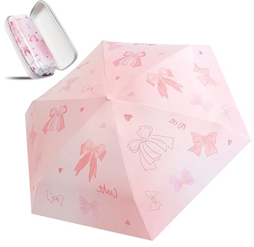 GQIRIL Mini Travel Folding Umbrella - Small Compact Sun Retractable Umbrella with Case, Lightweight Portable UPF 50+ Rain UV Protection Windproof Parasol for Pocket Backpack Women Girls Lady (Pink)