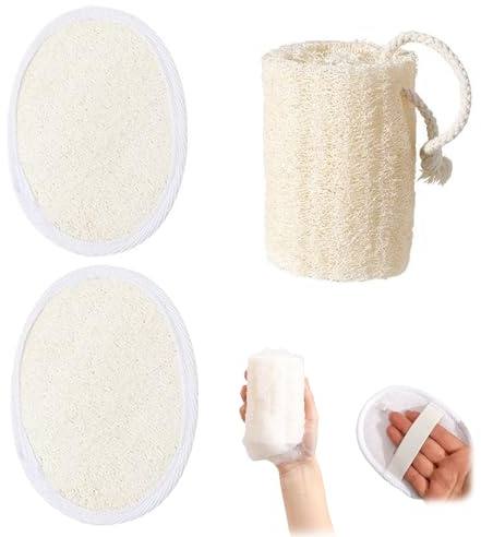 Shower Body Exfoliator Scrubbing Pads, 3 PCS Exfoliating Loofah Sponge, Body Loofah, Natural Loofah Sponge Back Exfoliating Scrubber Combo Set for Women and Men White